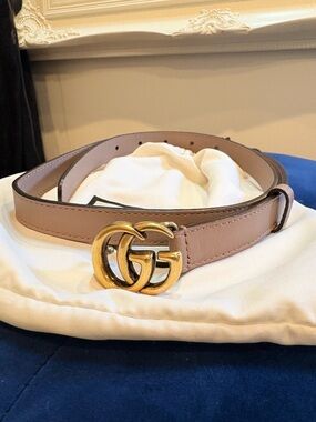 Gucci Leather Belt with Gold Double G Buckle in Nude/Tan.